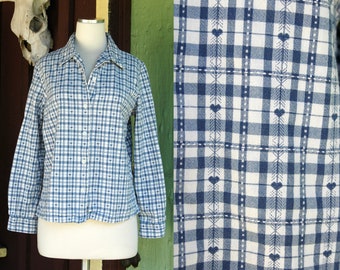 1990s Blue and White Checkered Heart Print Blouse // 90s Blue and White Long Sleeve Plaid Heart Shirt