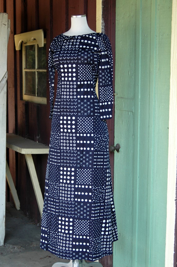 1960s 1970s Navy Blue White Polka Dot Maxi Dress // 6… - Gem