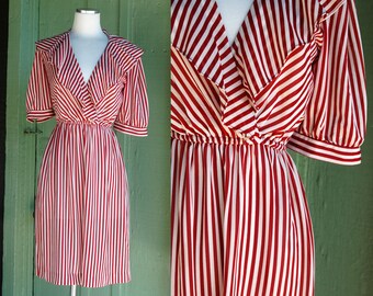 1970s Red Ivory Striped Fit and Flare Dress // 70s Collared Shirt Dress