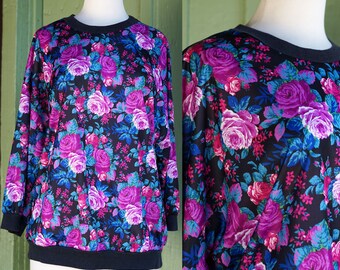 1980s 1990s Purple Blue Green Black Rose Print Top // 80s 90s Colorful Floral Print Pullover Jersey Blouse