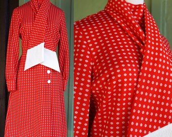 1960s Red White Polka Dot Mod Preppy Dress by Neiman Marcus // 60s Long Sleeve Midi Dress