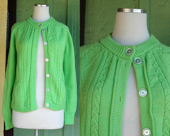 1960s Lime Green Knit Cardigan Sweater // 60s Brig
