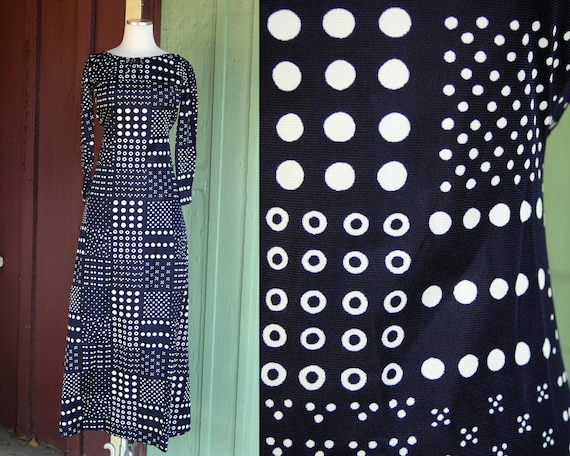 1960s 1970s Navy Blue White Polka Dot Maxi Dress // 6… - Gem