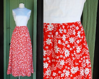 1960s 1970s Orange and White Daisy Print Dress // 60s 70s Mod Graphic Print Flower Maxi Dress