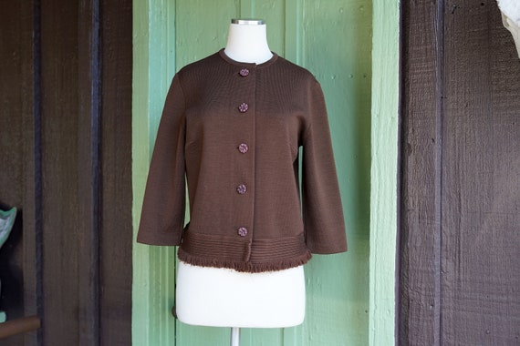 1960s Brown Knit Cardigan Sweater with Fringe Tri… - image 3