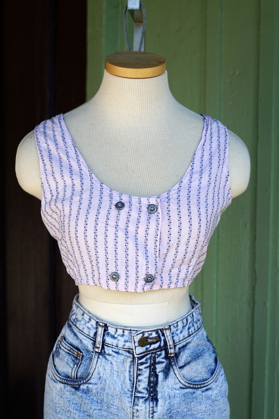 1980s 1990s Pale Pink Blue Striped Crop Top // 80… - image 5