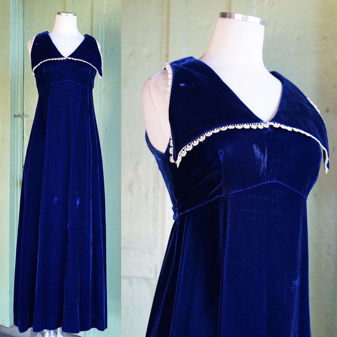 Vintage 1970s Blue Velvet Maxi Dress