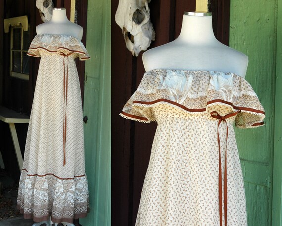 1970s Beige Tan Brown Floral Peasant Maxi Dress //