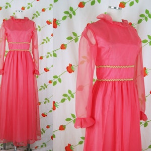 1970s Pink Long Sleeve Maxi Formal Dress Prom Dress // 70s Pink Dress with White Gold Trim Detail
