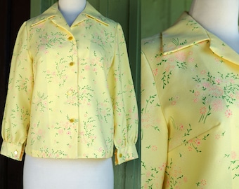 1960s Yellow Blouse with Pink and Green Floral Print // 60s 70s Pointed Collar Mod Bright Flower Print