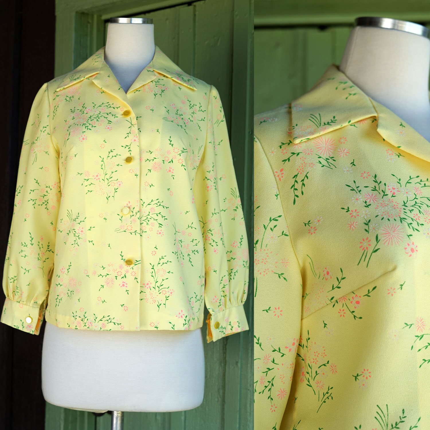 1960s Yellow Blouse With Pink and Green Floral Print // 60s