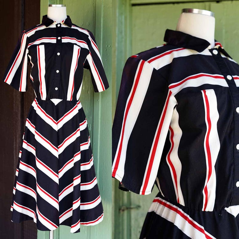 Fabric Mix Dress Navy Striped