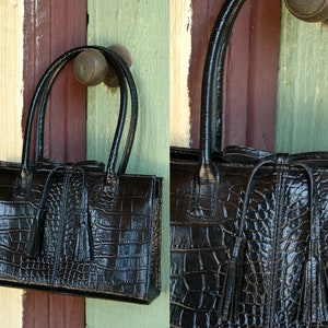 HOLIDAY 1990s 2000s Faux Alligator Black Patent Top Handle Petite Purse // 90s 00s Liz Claiborne Black Patent Small Handbag