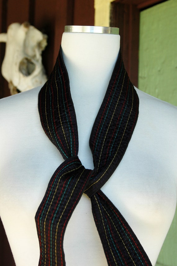 1980s Black Sash Tie Belt with Rainbow Stripe Sti… - image 6