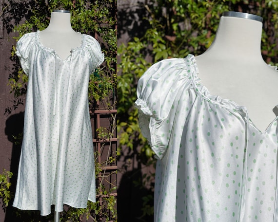 1990s 2000s White and Green Polka Dot Babydoll Mi… - image 1