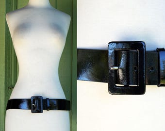Nine West Black Patent Leather Belt with Glossy Rectangular Buckle Up to 37” Wide Woven Patent Leather Best Glossy Leather Belt  main image 3