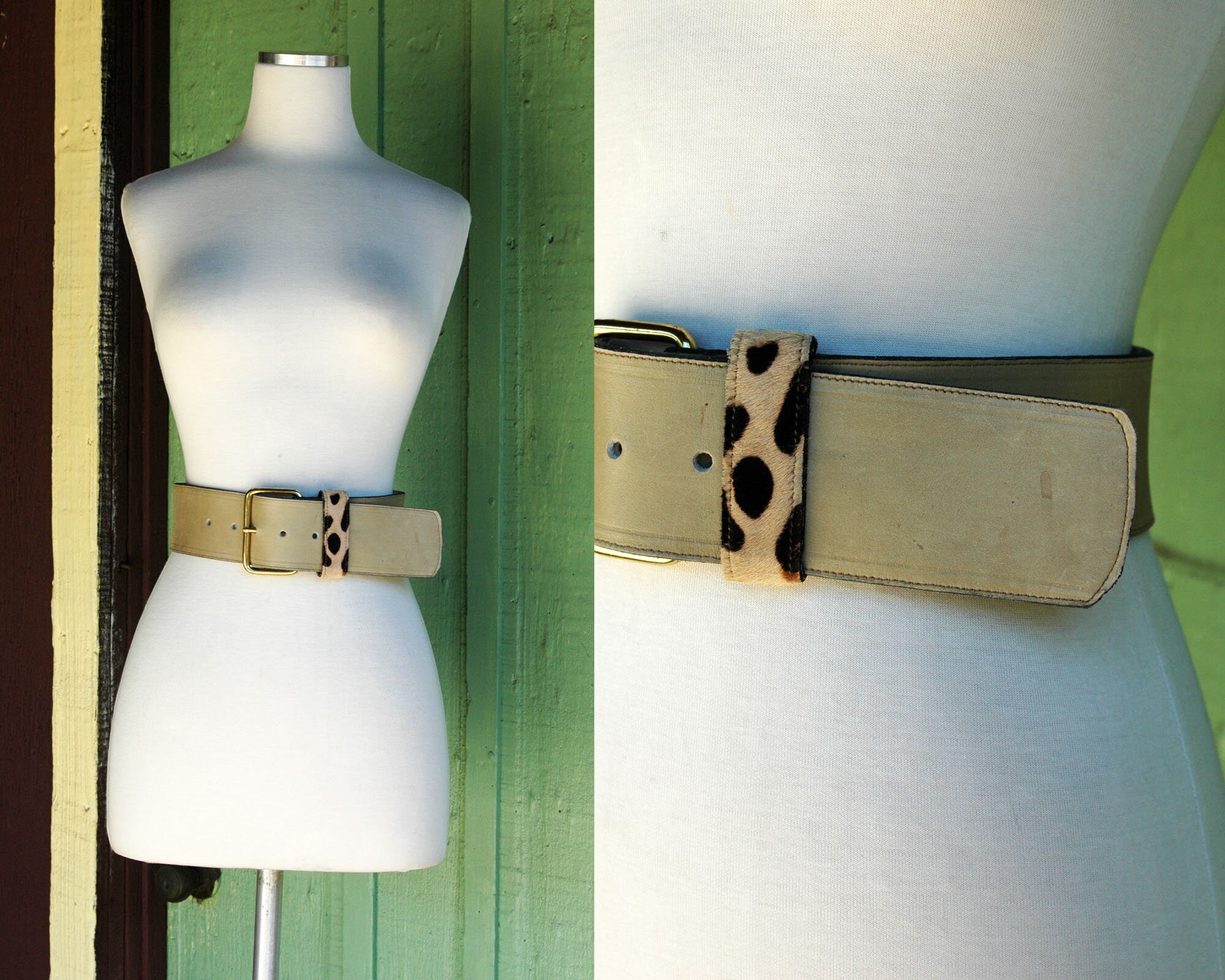 1990s Wide Tan Leather Belt with Leopard Fur Trim and Gold Buckle // 90s Leopard Belt
