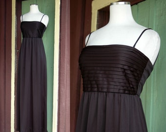 1970s Black Maxi Dress // 70s Disco Glam Spaghetti Strap Pleat Bust Long Column Gown