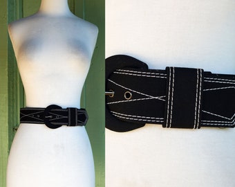 1990s Black Fabric Belt with White Stitched Graphic Geometric Design