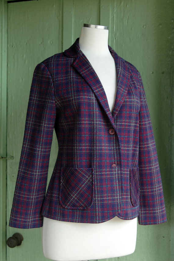 1970s Navy Blue Red Tan Green Plaid Blazer Jacket… - image 4