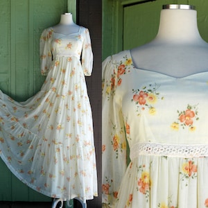 1970s Boho Hippie Pale Yellow Orange Peasant Dress // 70s Romantic Feminine Flower Child Empire Waist Maxi Dress