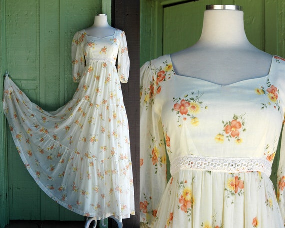 1970s Boho Hippie Pale Yellow Orange Peasant Dres… - image 1