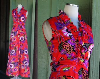 1960s 1970s Poppy Red Purple Green Black Bold Swirly Floral Print Maxi  Dress // 60s 70s Ruffled Neckline Long Bright Colorful Dress