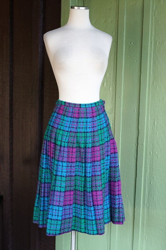 1960s Blue Purple Green Plaid Pleated Midi Skirt … - image 2