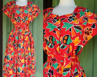 1980s 1990s Bright Colorful Funky Midi Dress // 80s 90s Red Orange Green Yellow Button front Pleated Skirt Shirt Dress