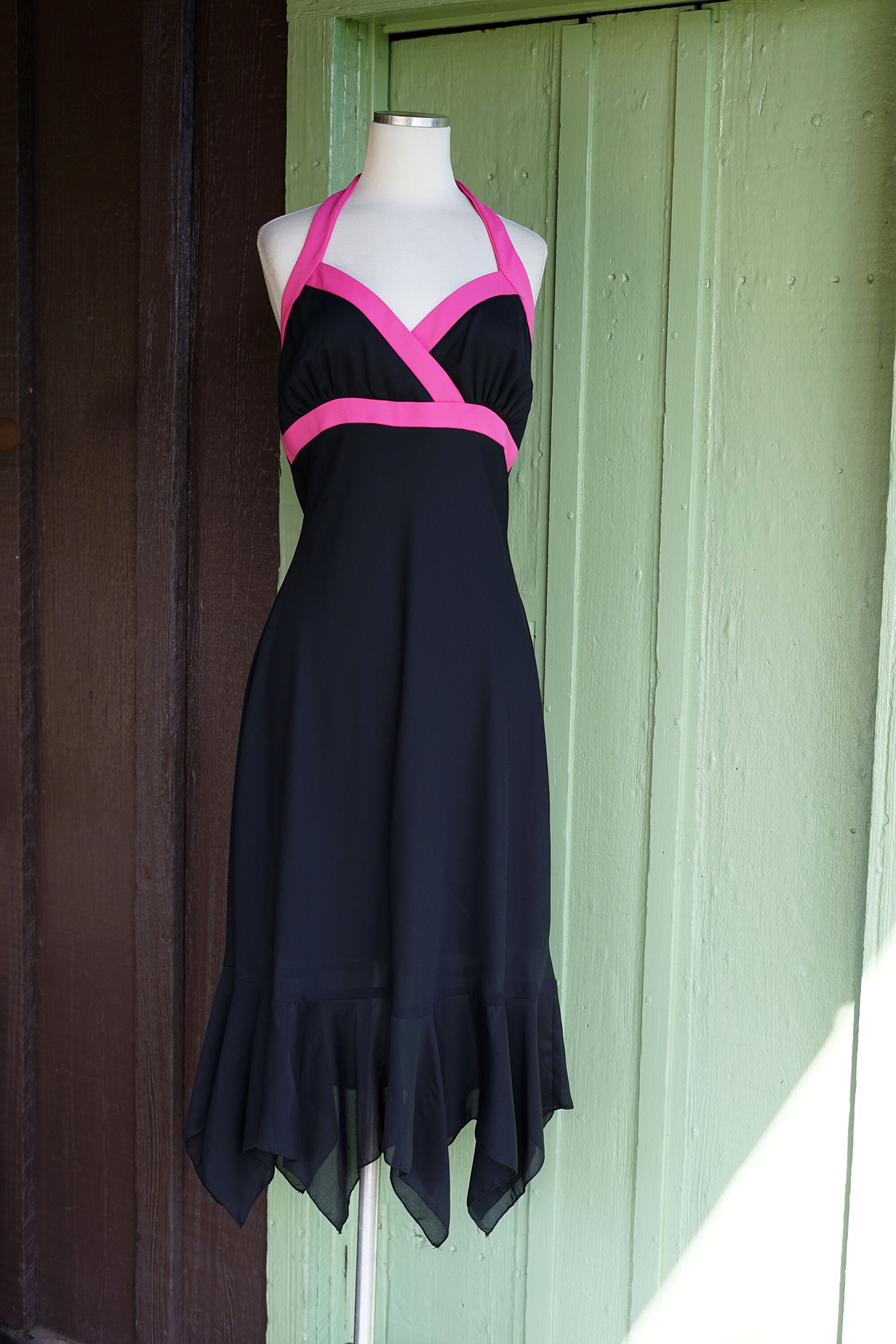 2000s Black Pink BisouBisou Halter Dress // Y2K Black Halter Bias Cut Dress with Pink Trim and Handkerchief Hem