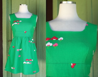 1970s Green Pink Floral Malia Honolulu Micro Mini Dress // 70s Sleeveless Green Dress with Pink White Mod Floral Hawaiian Short Dress