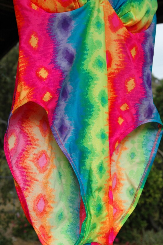 1980s Day Glow Rainbow Tie Dye One Piece Swimsuit // … Gem