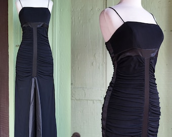 2000s Black Spaghetti Strap Ruched Bodice Formal Dress // Y2K Prom Dress Maxi Dress with Fitted Bodice and Full Skirt