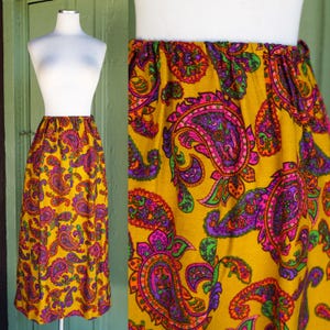 1960s 1970s Mustard Yellow Orange Pink Paisley Maxi Skirt // 60s 70s Long Bright Pink Purple Green Paisley Skirt
