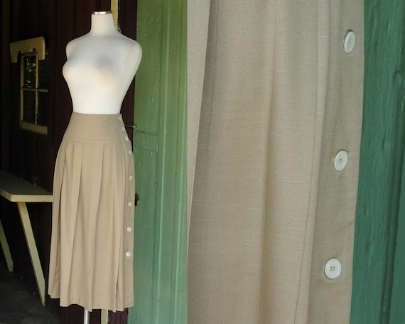1980s Tan Beige Camel Pleated Midi Skirt // 80s Ch