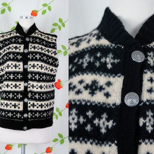 1970s 1980s Black and Ivory Striped Knit Button Up Vest // 70s 80s Warm Winter Knit Sleeveless Sweater Vest