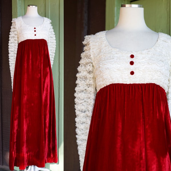 1960s 1970s White Lace and Red Velvet Holiday Dress // 60s 70s Maxi Evening Gown Christmas Dress