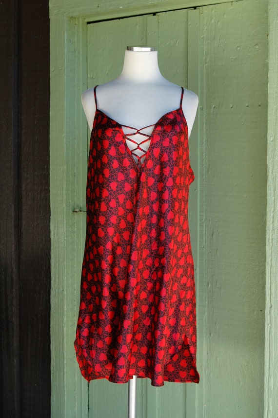 1980s Black Red Heart Print Slip Dress Short Nigh… - image 2