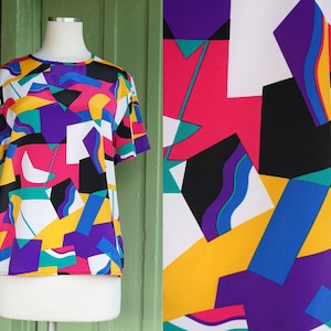 1980s 1990s Bold Graphic Funky Colorful Short Sleeve Top // 80s 90s Pink Purple Green Shapes Blouse
