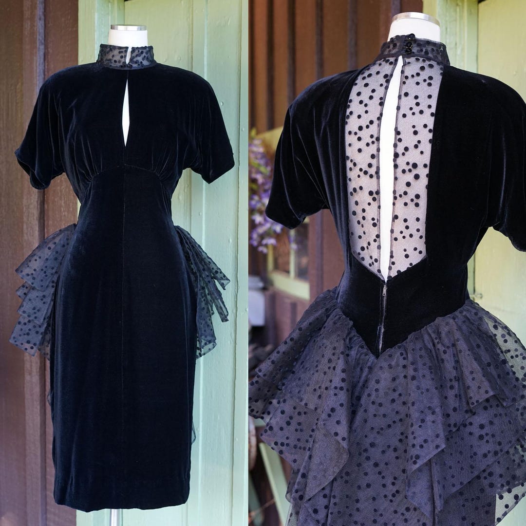 1980s Adam Beall Black Velvet Gown With Polka Dot Tulle Skirt // 80s ...