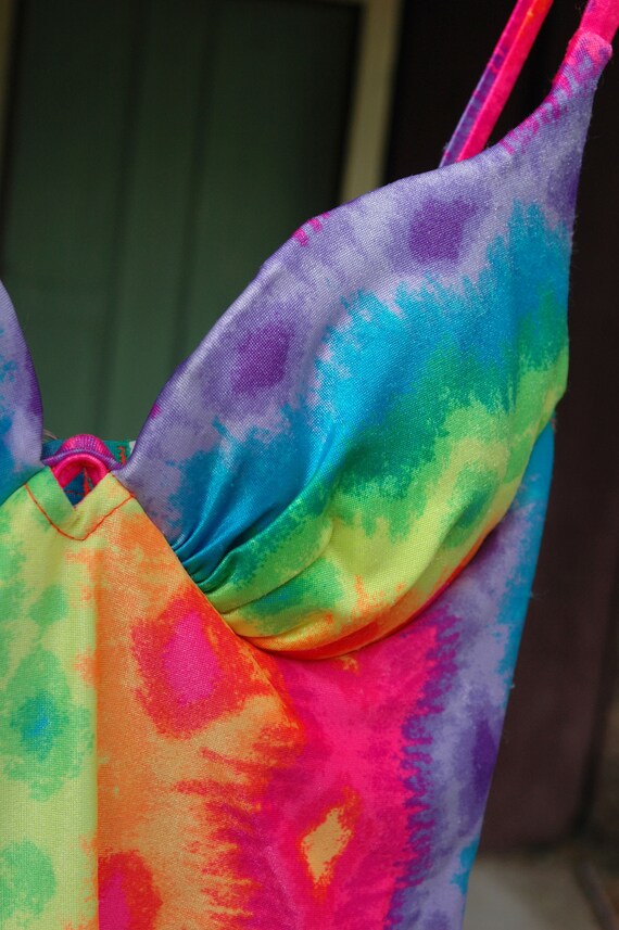 1980s Day Glow Rainbow Tie Dye One Piece Swimsuit // … Gem