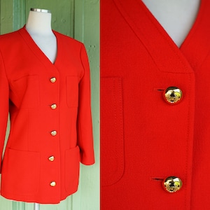 1990s Red Collarless Wool Blazer Jacket by Valentino // 90s Red Designer Suit Jacket with Gold Domed Buttons