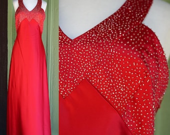 2000s Red Halter Neck Hand Beaded Gown by Rebecca // Y2K Red Prom Dress Evening Gown