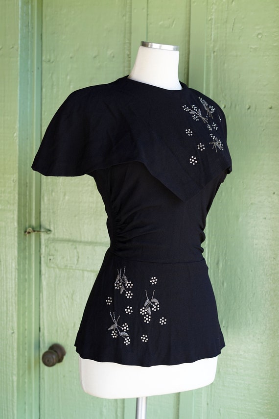 1940s Black Blouse with Rhinestone Beaded Floral … - image 3