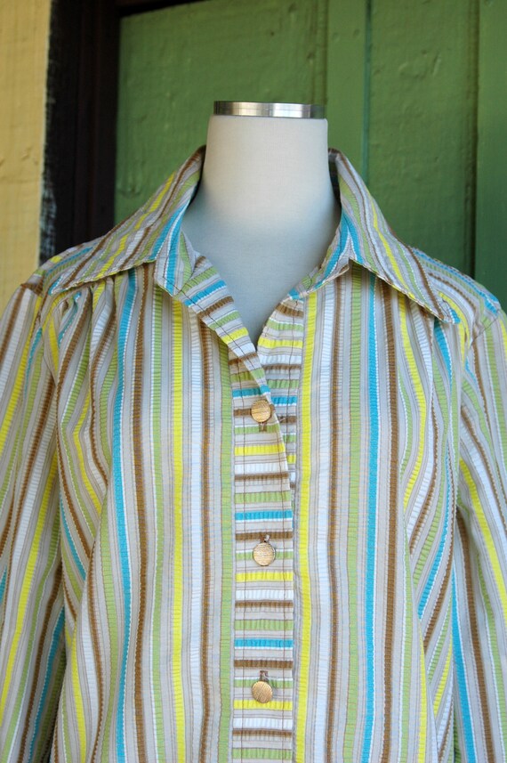 1960s Beige Tan Blue Yellow Green Striped Shirt D… - image 6