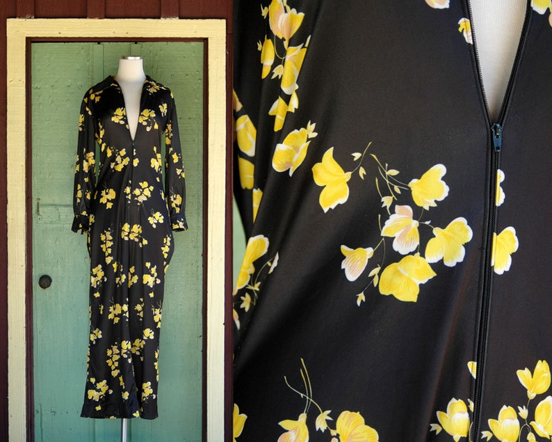 1960s 1970s Black And Yellow Floral Jumpsuit 60s 70s Long Etsy