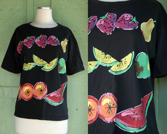 1980s 1990s Black T shirt with Fruit Print // 80s