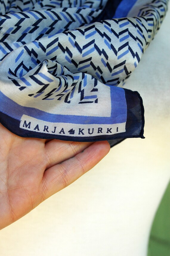 1980s Marja Kurki Blue White Graphic Silk Scarf - image 5