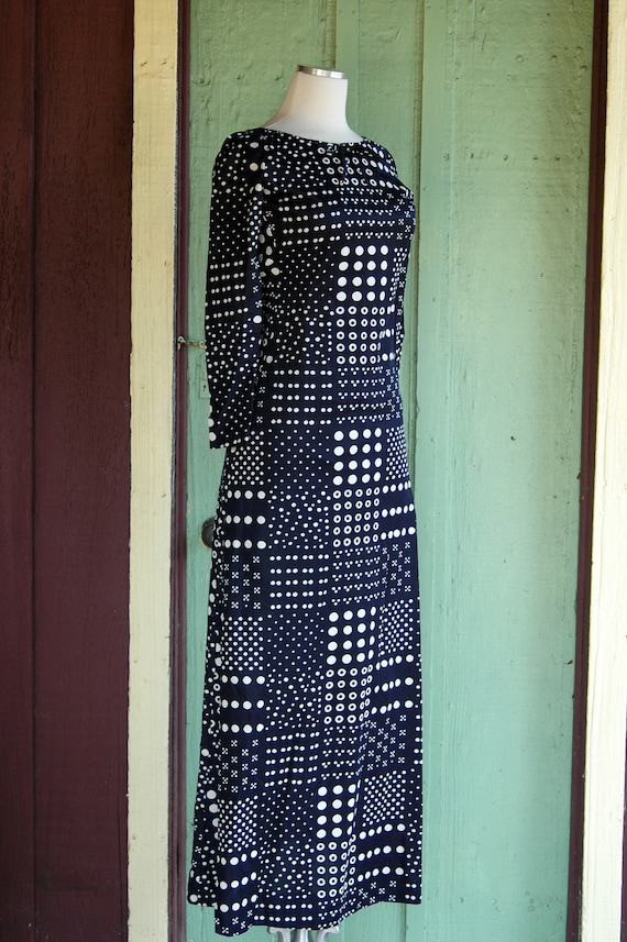1960s 1970s Navy Blue White Polka Dot Maxi Dress // 6… - Gem