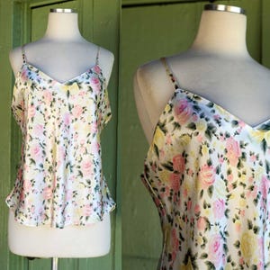 1980s Silky White Tank Top with Pink Yellow Green Floral Print // 80s Hidden Fantasies Lingerie Camisole Tank Top